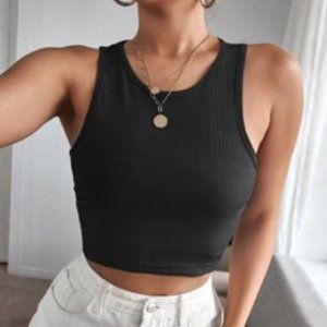 Solid Black Rib-knit Crop Tank Top